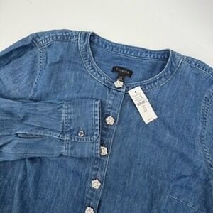 Talbots Womens XS Blue Cotton Chambray Tunic Top Rhinestone Floral Buttons NEW